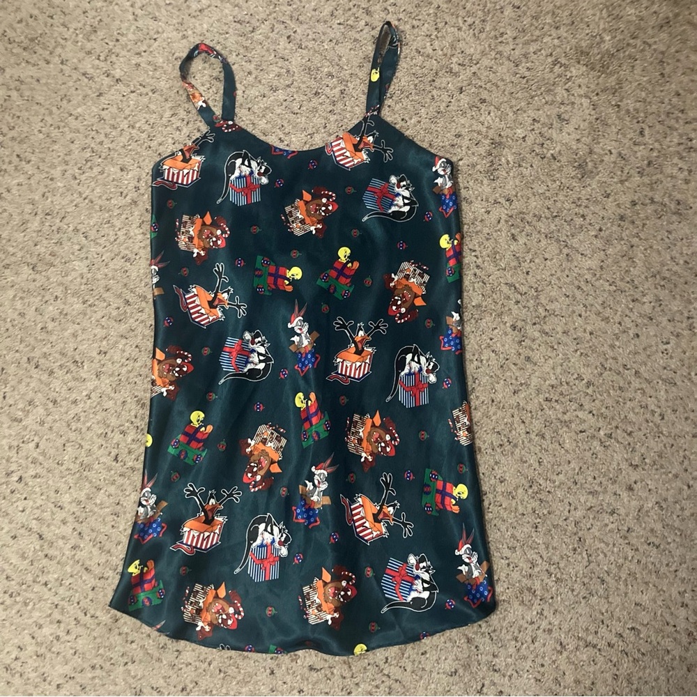 Vintage 90s Looney Tunes cartoon Christmas holiday printed slip mini dress silky